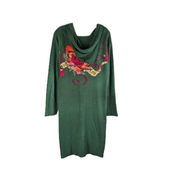 Gramm Green Long Cardigan Sweater Dress Ture love print Size L - Picture 2 of 12